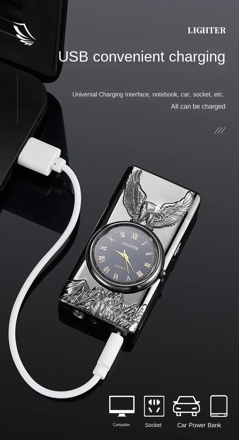 USB Rechargeable Dual Arc Metal Windproof Multifunction Lighter, Eagle Engraved Luminous Dial, LED Lighting Cigarette Lighter