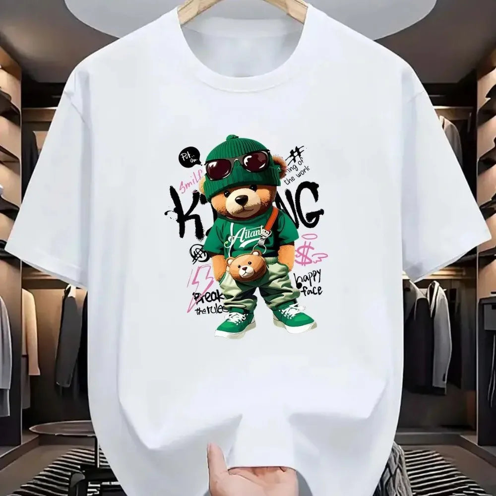 New Men's Summer Fashionable Breathable Round Neck T-shirt Large Geometric Bear Sneaker Pattern Printed Outdoor Casual Top