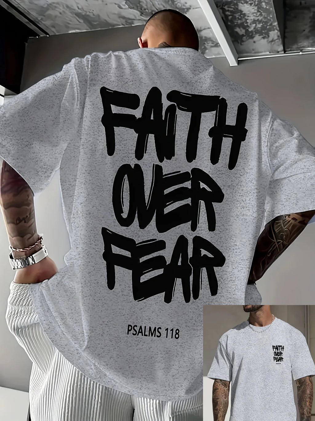 Summer men's 100% pure cotton casual fashionable loose FAITH OVER FEAR letter printed round neck short sleeved T-shirt