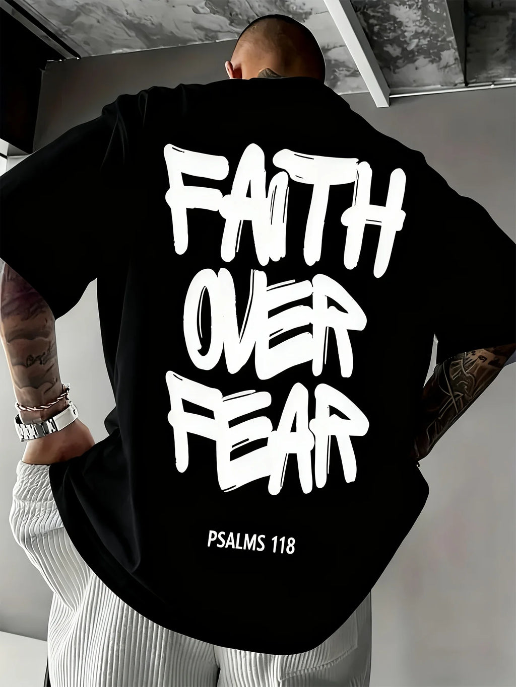Summer men's 100% pure cotton casual fashionable loose FAITH OVER FEAR letter printed round neck short sleeved T-shirt