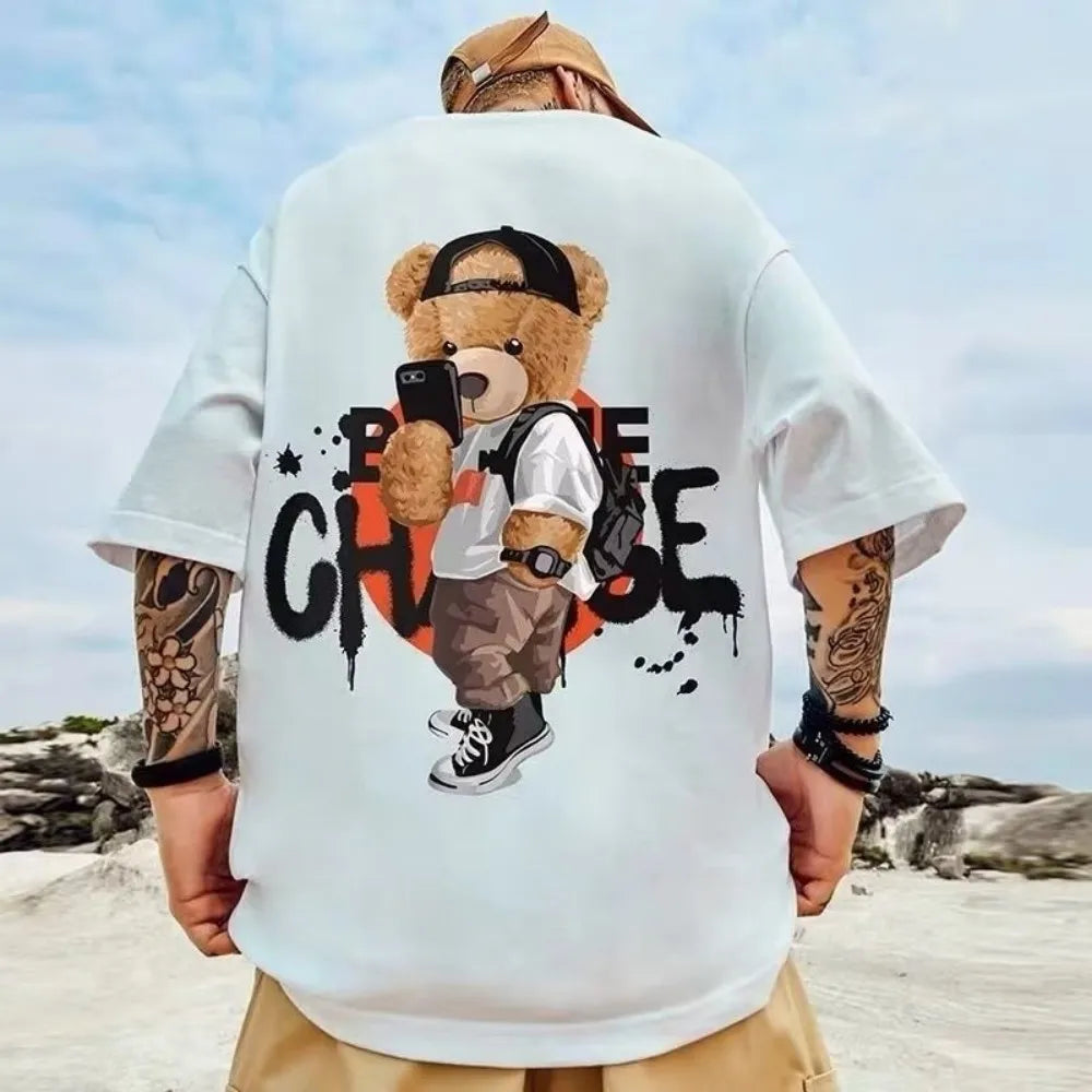 Summer Men's New Personalized Bear Printed Micro Elastic Breathable Round Neck T-shirt Outdoor Street Versatile Top
