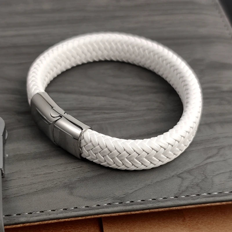 Fashion Simple White Leather Braid Bracelet Stainless Steel Buckle Clasps for Men Handmade Bangle Wholesale Charm Jewelry Gift