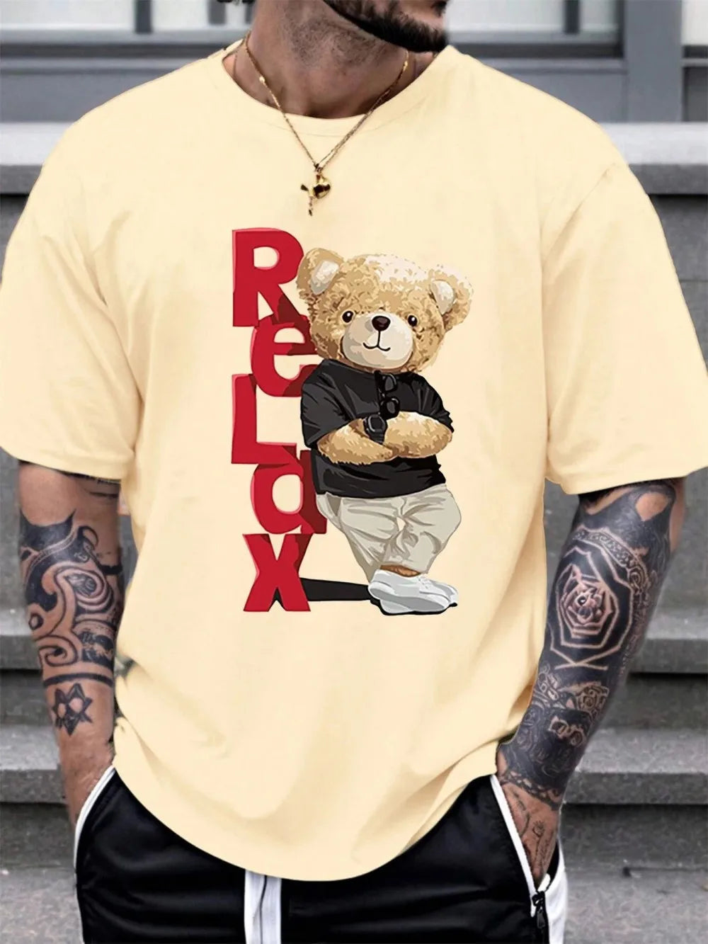 European and American men's summer new teddy bear letter print comfortable leak tight round neck T-shirt outdoor casual top