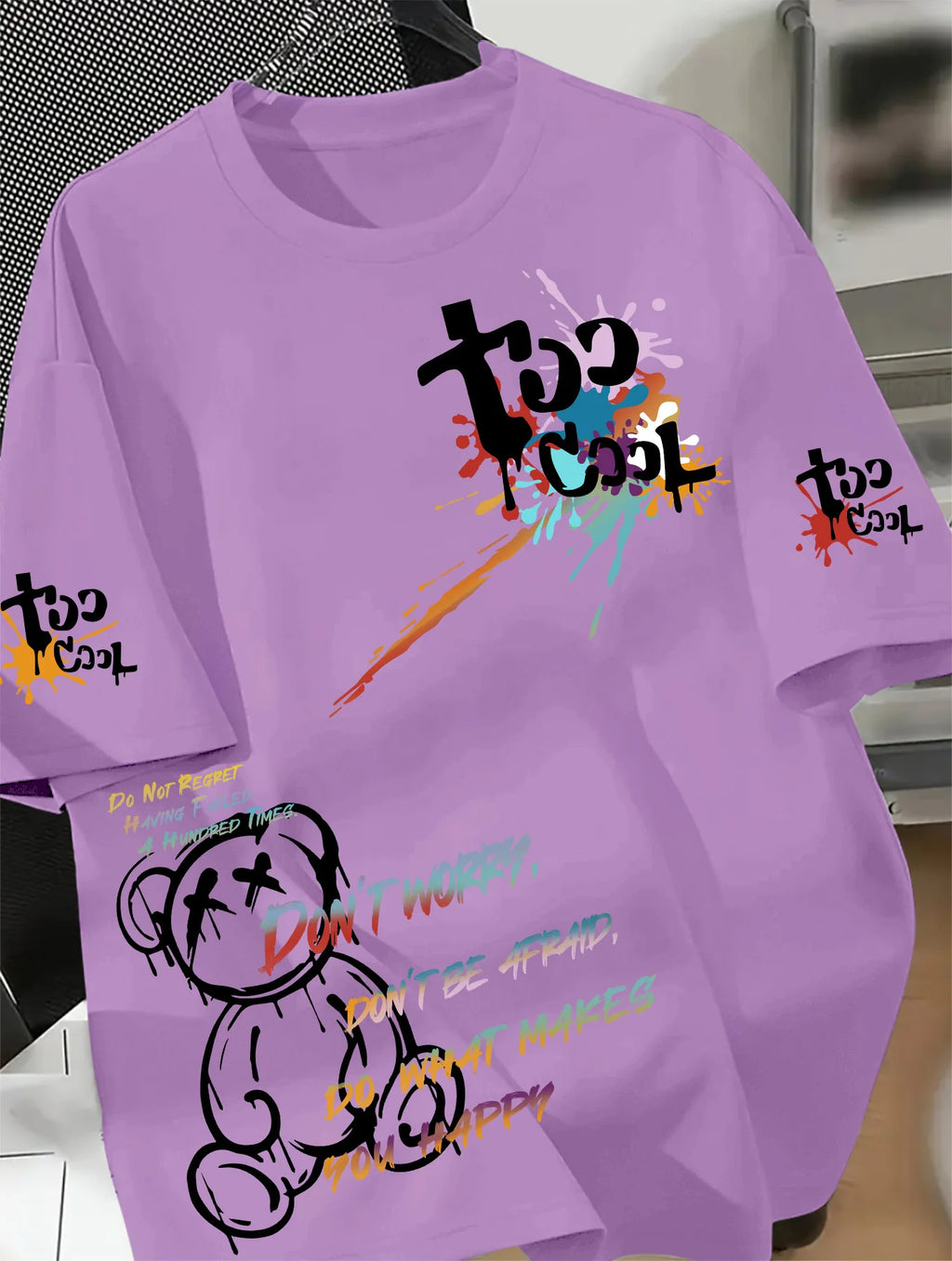 Men's Hip Hop Graffiti Bear Print T Shirt - "Too Cool" Streetwear Short Sleeve Tee Casual Fashion Tops