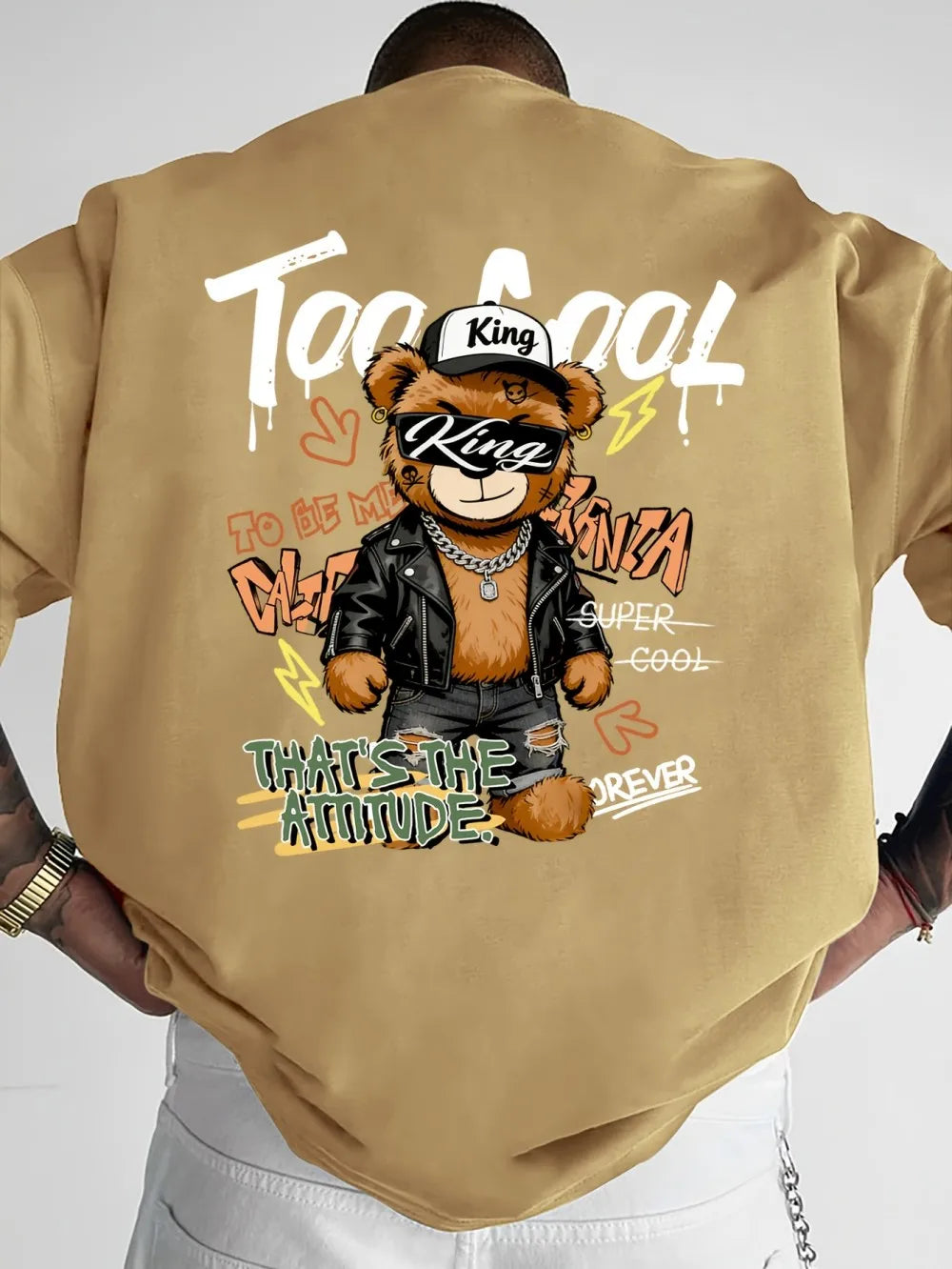 European and American men's summer teddy bear skateboard print comfortable and breathable round neck Tshrit outdoor street top