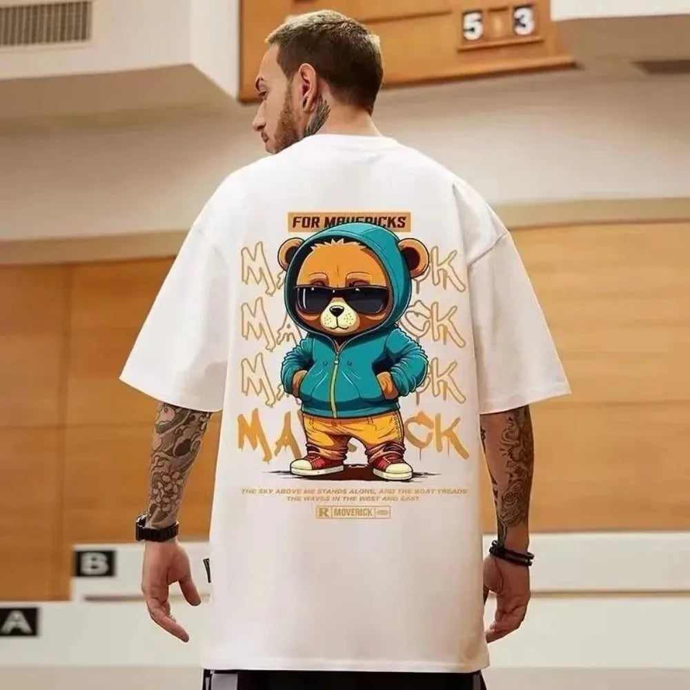 American men's summer personalized cartoon teddy bear letter print soft and breathable round neck T-shirt outdoor street top