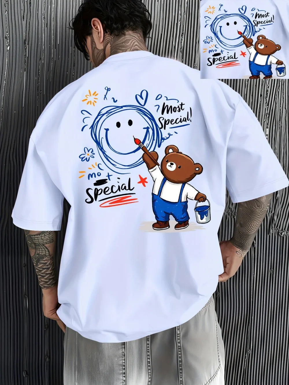 New Men's Summer Personalized Teddy Bear Graffiti Printed Micro Elastic Breathable Round Neck T-shirt Outdoor Street Top