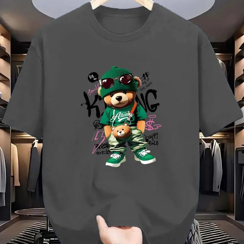 New Men's Summer Fashionable Breathable Round Neck T-shirt Large Geometric Bear Sneaker Pattern Printed Outdoor Casual Top