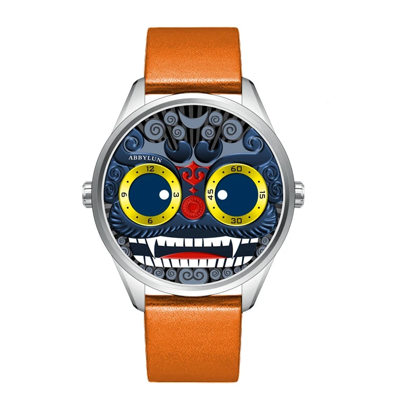 ABBYLUN 1363 Men's Quartz Watch Gold Clown Lion Creative Personalized Design Dial Leather Strap Cool Men's Watch montre homme