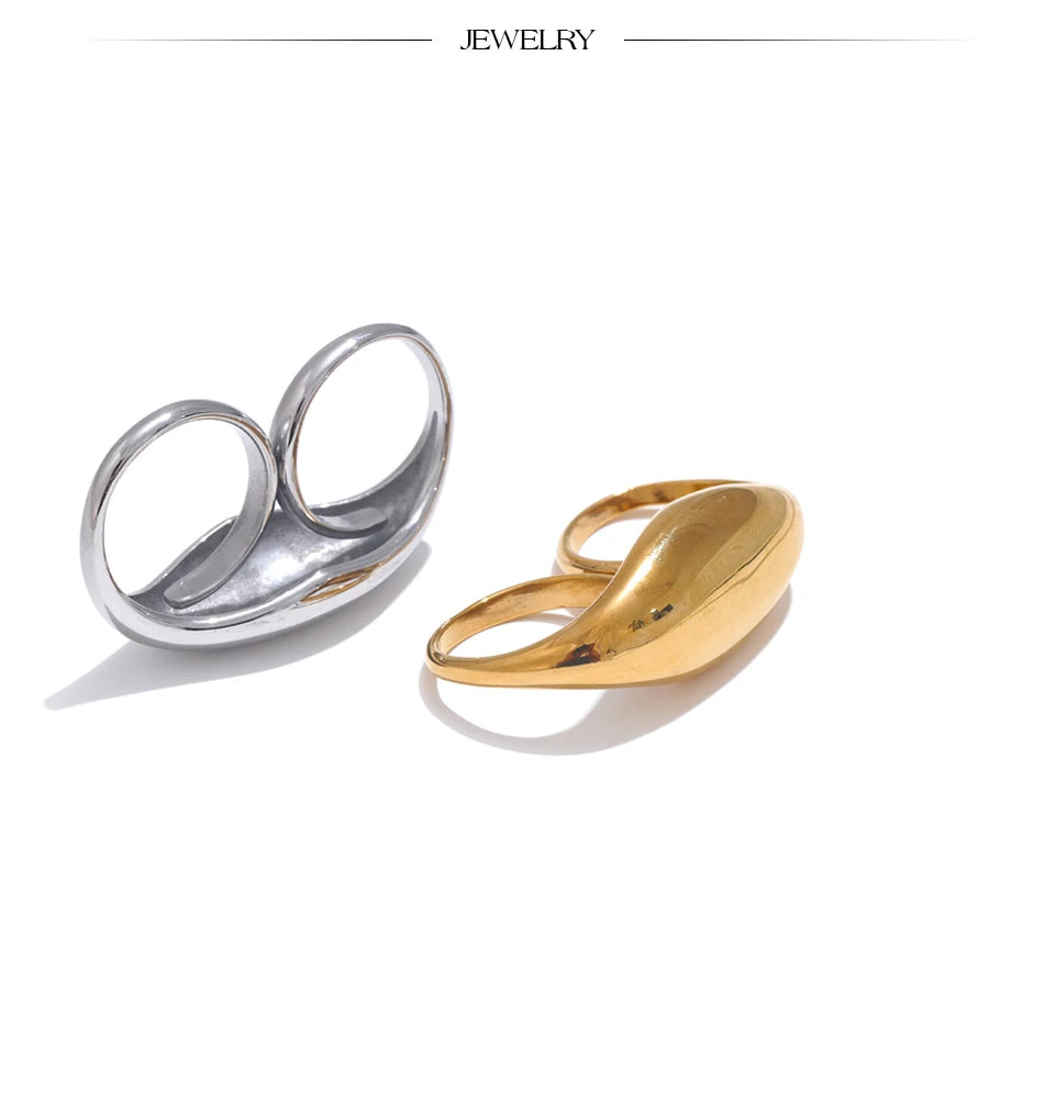 Yhpup Stainless Steel Metal Double Finger Geometric Ring Personality Rust Proof Attractive Big Exaggerated Jewelry Gift