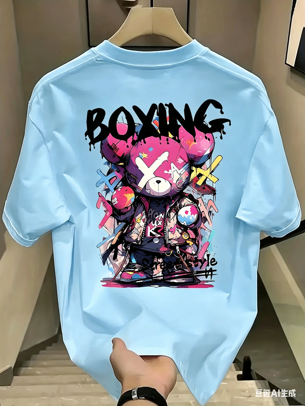 Summer Men's Street Trend Cartoon Bear Print Short-Sleeved T-Shirt Outdoor Comfort Relaxing Breathable Loose 100% Cotton Shirt