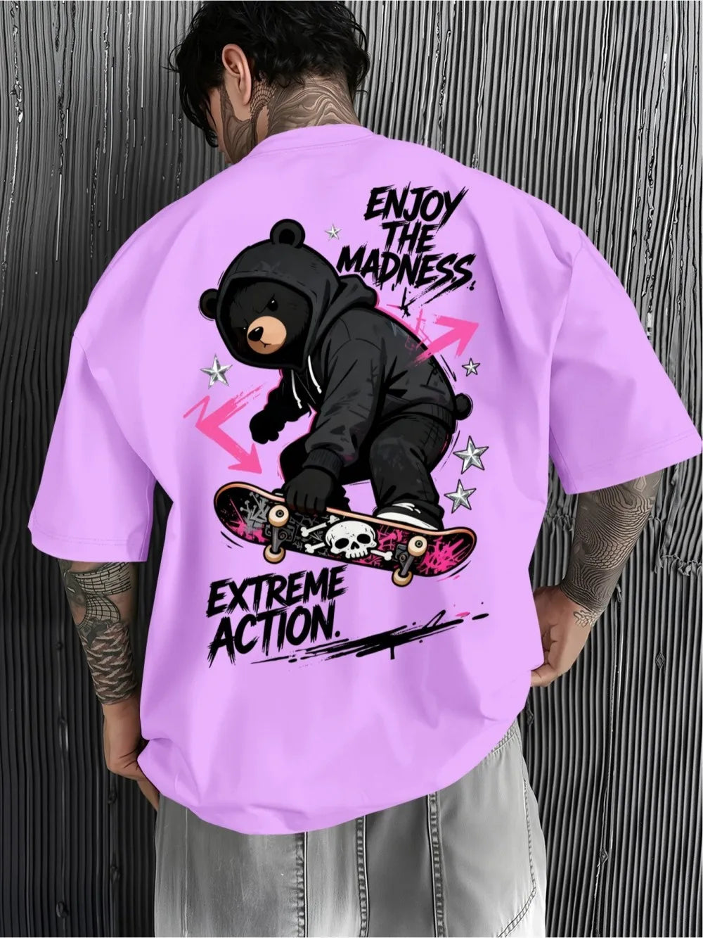American men's summer trend skateboard teddy bear letter print soft and breathable round neck T-shirt outdoor casual top