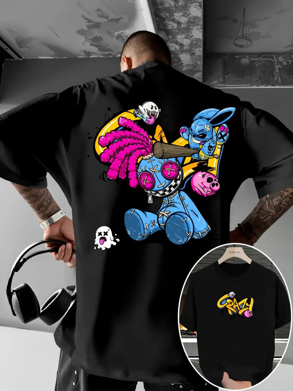 European and American new men's cartoon graffiti print comfortable, soft, breathable round neck T-shirt outdoor street style top