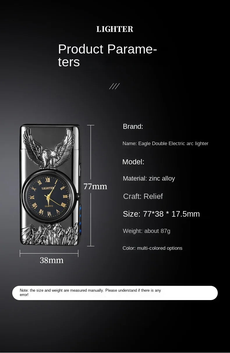 USB Rechargeable Dual Arc Metal Windproof Multifunction Lighter, Eagle Engraved Luminous Dial, LED Lighting Cigarette Lighter