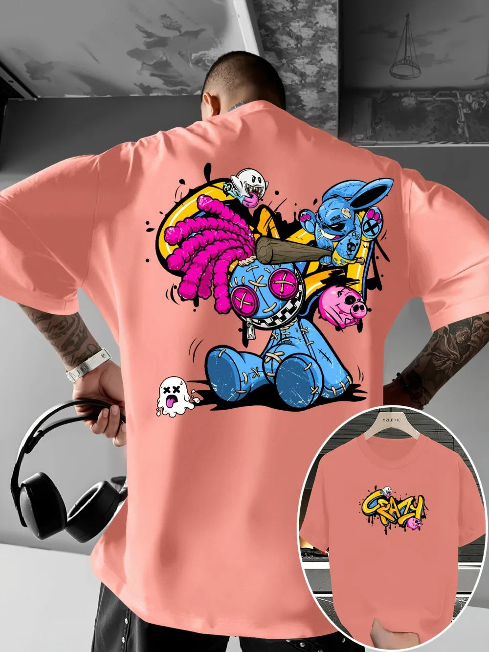 European and American new men's cartoon graffiti print comfortable, soft, breathable round neck T-shirt outdoor street style top