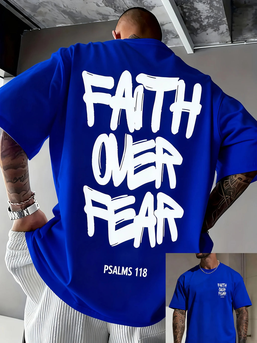 Summer men's 100% pure cotton casual fashionable loose FAITH OVER FEAR letter printed round neck short sleeved T-shirt