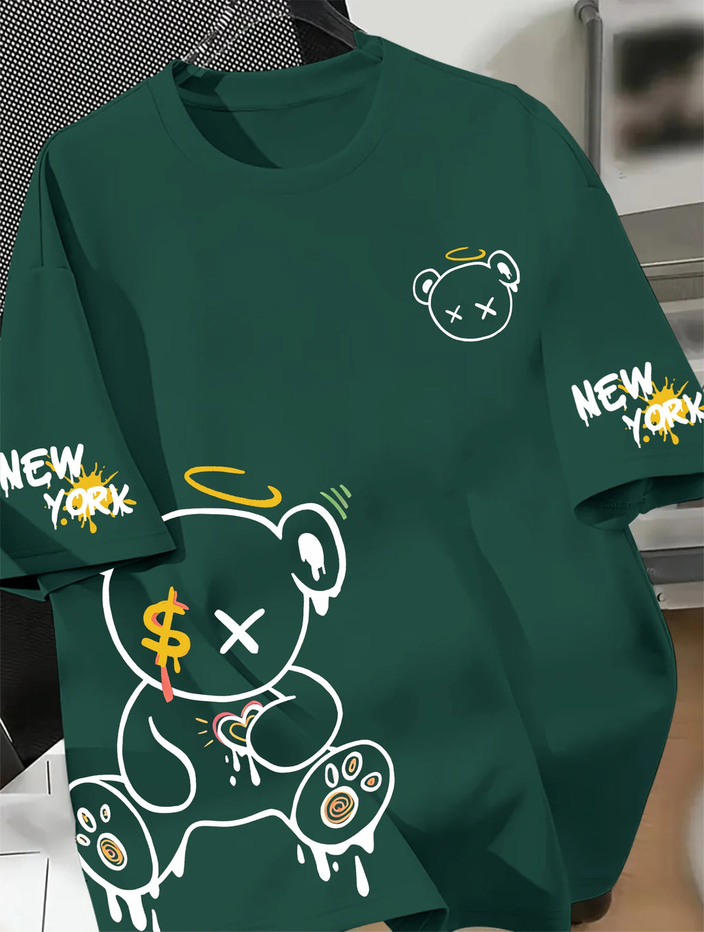 Men's Oversized New York T-Shirt Cartoon Drippy Teddy Bear Graphic Short Sleeve Tee Casual Streetwear Tops
