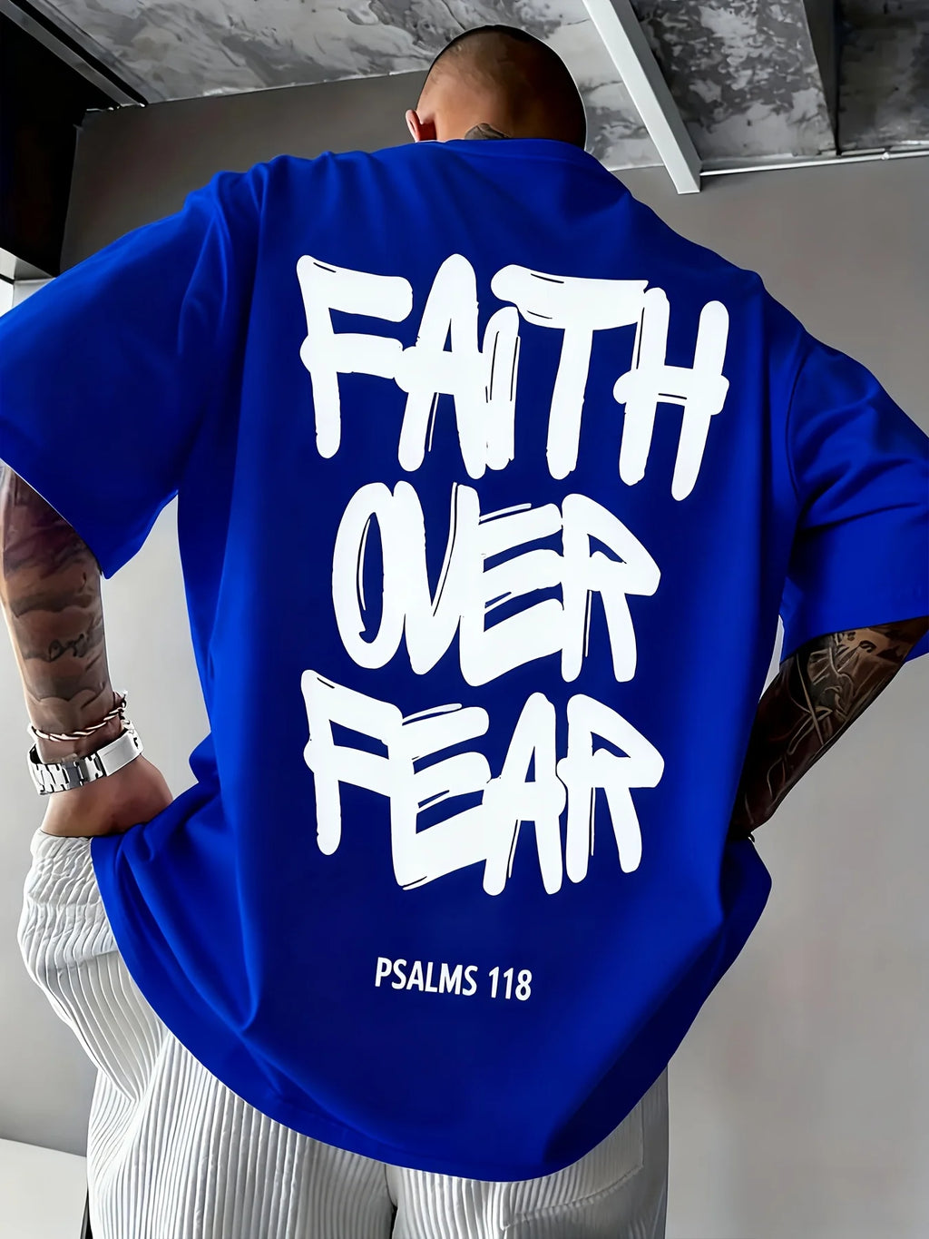 Summer men's 100% pure cotton casual fashionable loose FAITH OVER FEAR letter printed round neck short sleeved T-shirt