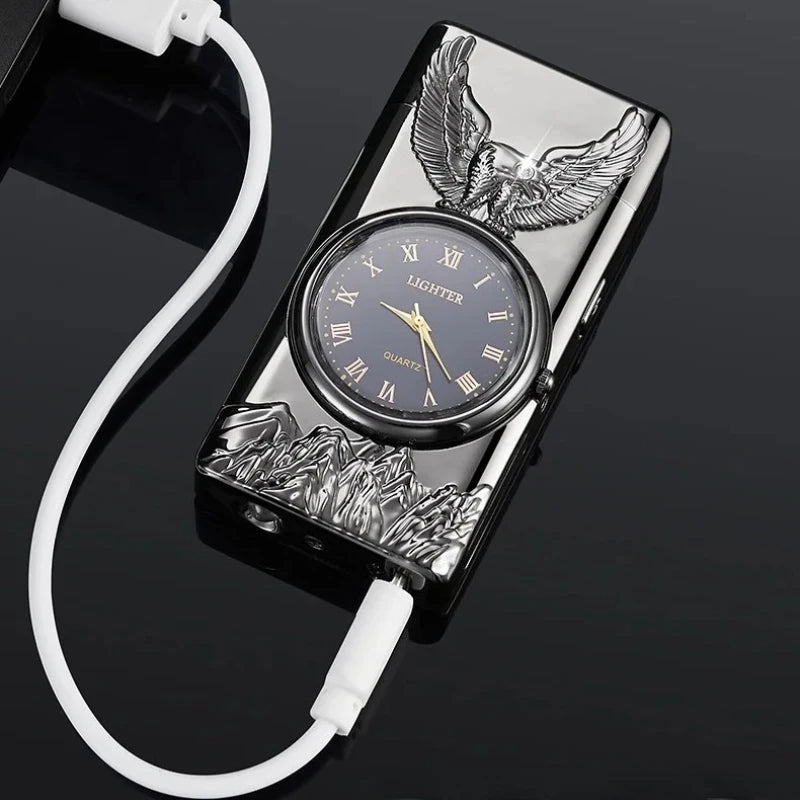 USB Rechargeable Dual Arc Metal Windproof Multifunction Lighter, Eagle Engraved Luminous Dial, LED Lighting Cigarette Lighter