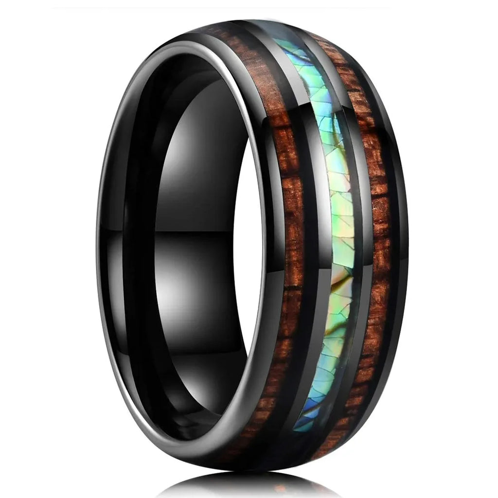 Fashion 8MM Gold Color Men Stainless Steel Ring Pink Abalone Shell Inlay Rings For Men Women Wedding Engagement Jewelry Gift