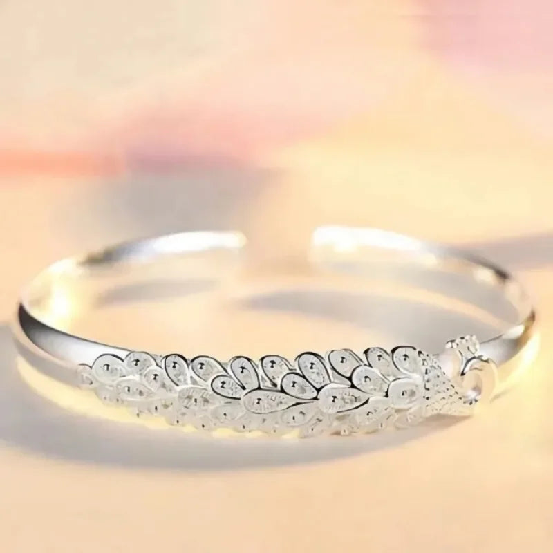 925 Sterling Silver Peacock Opening Screen Bracelet For Women Luxury Designer Texture Open Bracelets Party Original Jewelry Gift