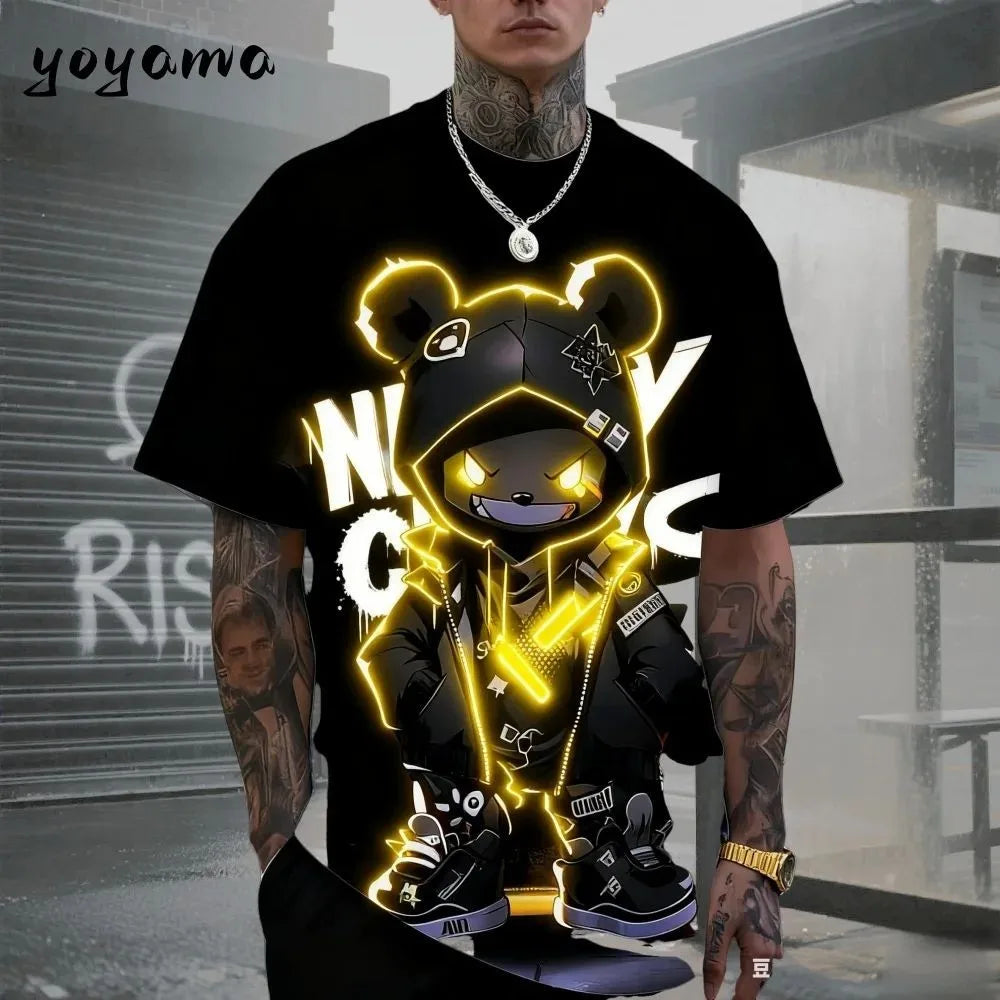 European and American men's summer cool teddy bear print comfortable and breathable round neck T-shirt outdoor street top