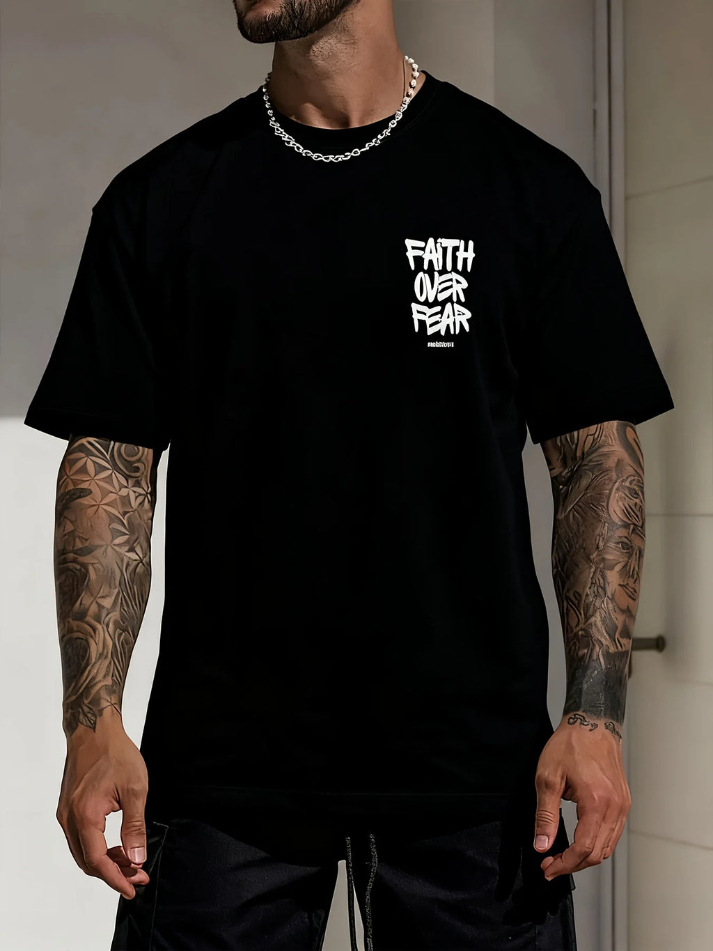 Summer men's 100% pure cotton casual fashionable loose FAITH OVER FEAR letter printed round neck short sleeved T-shirt