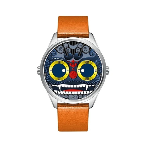 ABBYLUN 1363 Men's Quartz Watch Gold Clown Lion Creative Personalized Design Dial Leather Strap Cool Men's Watch montre homme