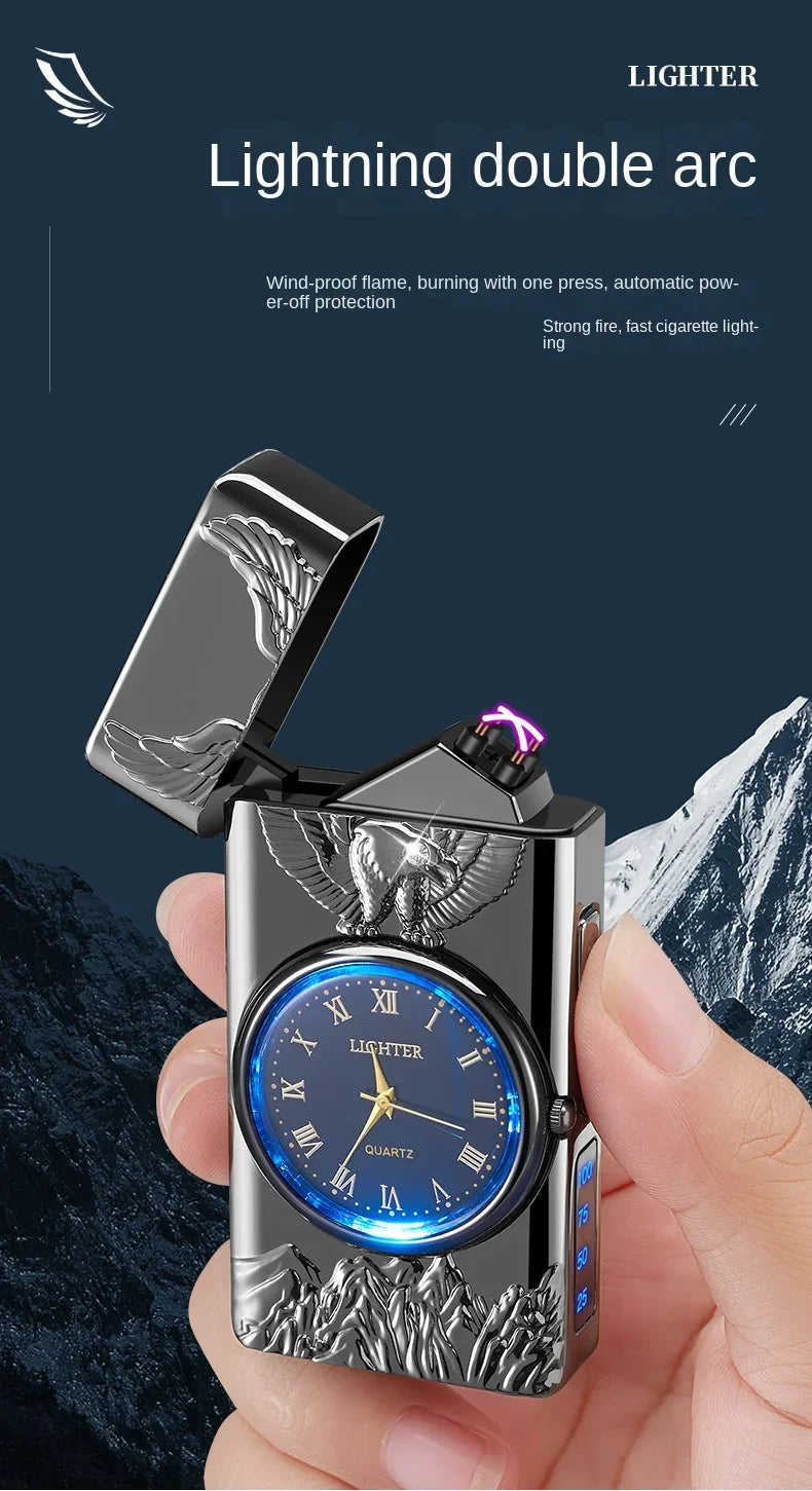USB Rechargeable Dual Arc Metal Windproof Multifunction Lighter, Eagle Engraved Luminous Dial, LED Lighting Cigarette Lighter