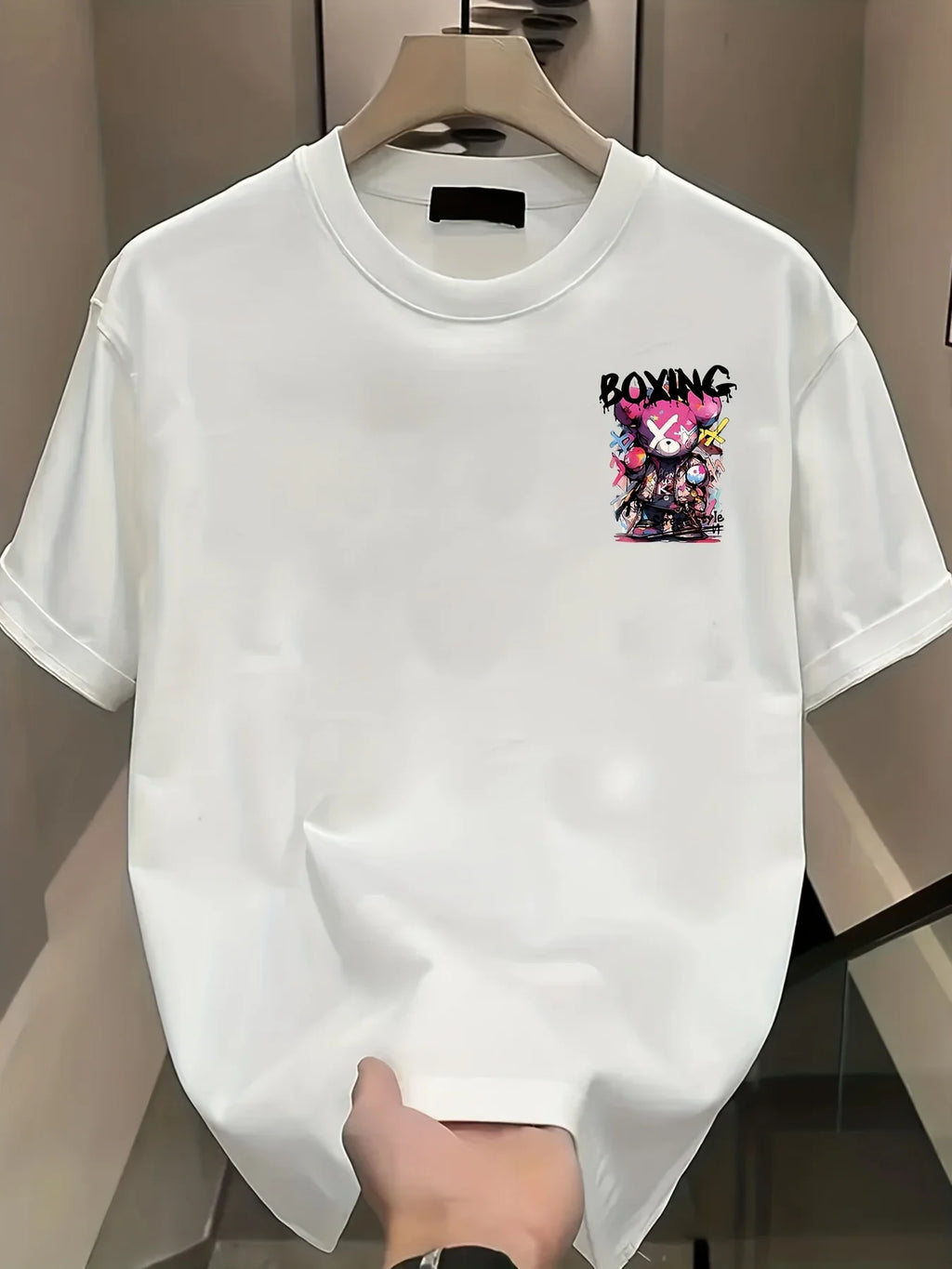 Summer Men's Street Trend Cartoon Bear Print Short-Sleeved T-Shirt Outdoor Comfort Relaxing Breathable Loose 100% Cotton Shirt
