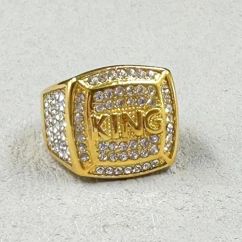 Hip Hop full rhinestone 316L Stainless Steel Gold color King Finger Rings for Men Rapper party Jewelry