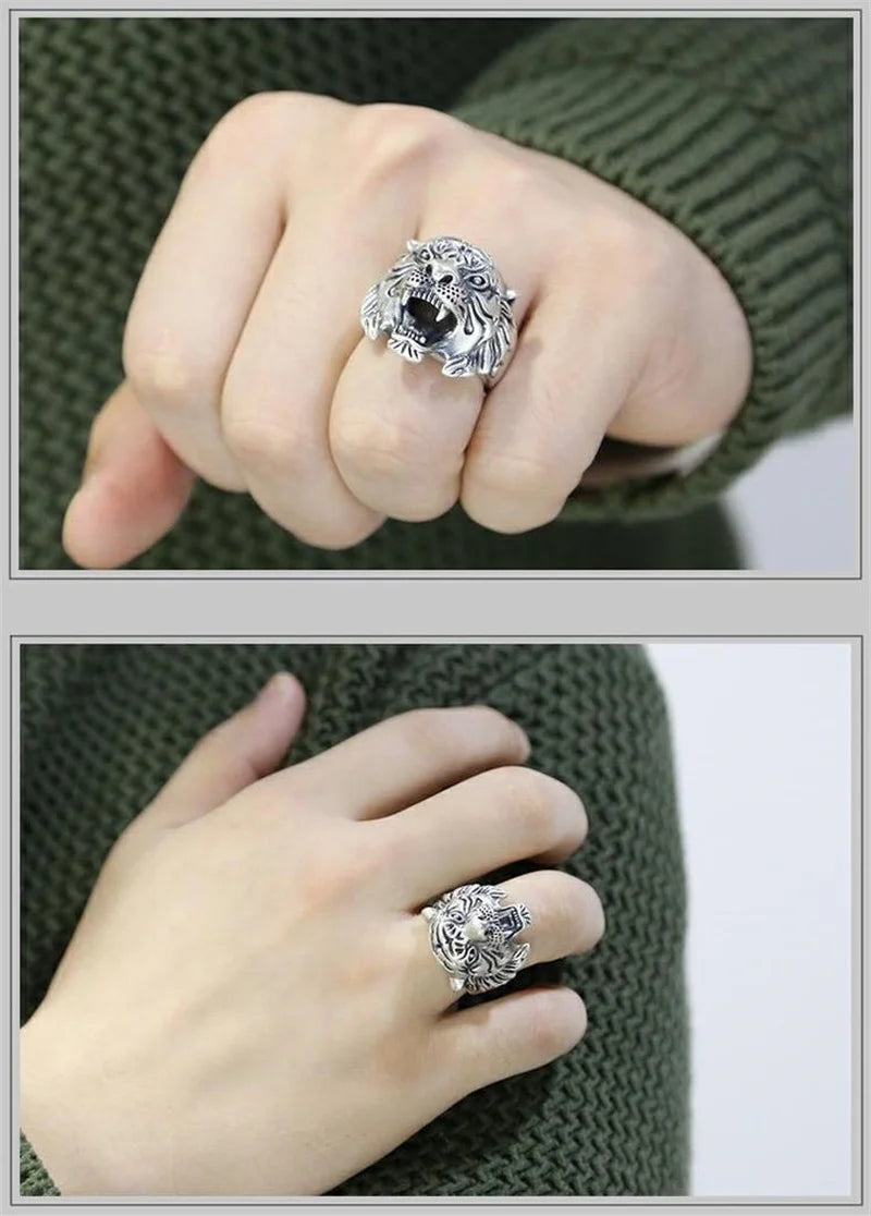 Personality Retro Silver 925 Ring For Men Finger Accessories Exquisite Carving Tiger Head Ring Domineering Male Jewelry