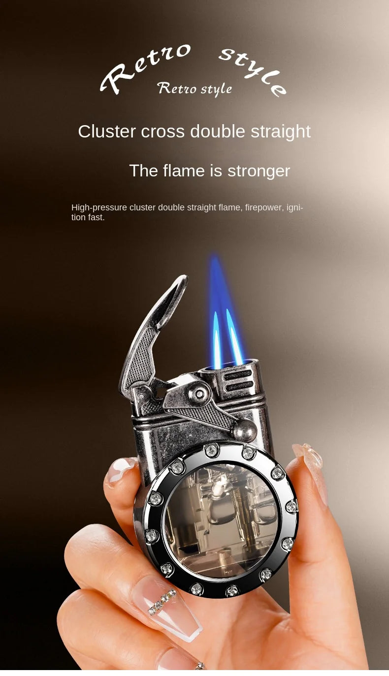 Personalized Rocker Double Straight Blue Flame Lighter Transparent Air Chamber Inflatable Lighter Men's High-end Business Gift