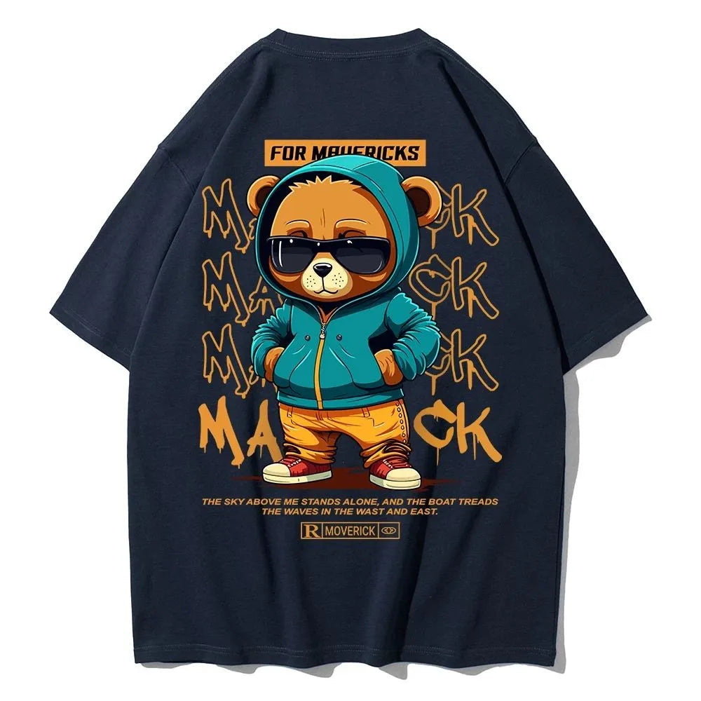 American men's summer personalized cartoon teddy bear letter print soft and breathable round neck T-shirt outdoor street top