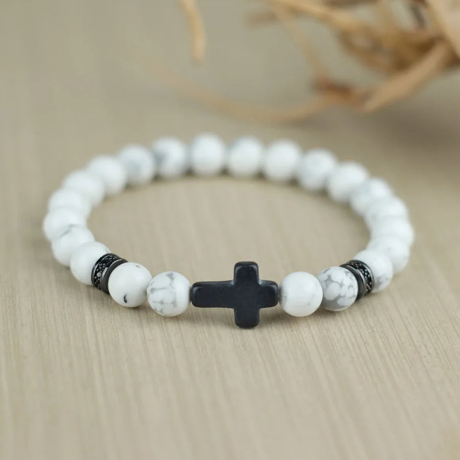 Men Crucifix Beaded Bracelet Onyx White Howlite Healing Braclet Charms Natural Stone Prayer Wristbands Stretch Religious Jewelry