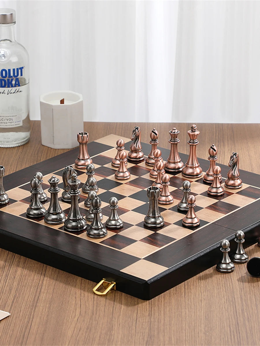 High end metal chess pieces, 38cm/15 inches, ebony wooden chessboard, providing foldable classic games for chess enthusiasts