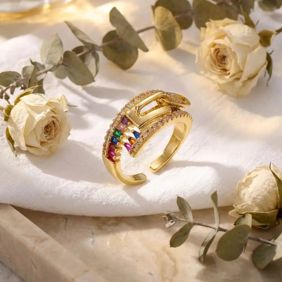 Unique Zipper Design Ring For Women Girls Colorful Cubic Zirconia Geometric Adjustable Finger Ring Party Dating Promise Jewelry