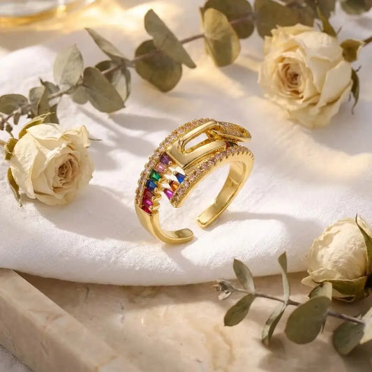 Unique Zipper Design Ring For Women Girls Colorful Cubic Zirconia Geometric Adjustable Finger Ring Party Dating Promise Jewelry