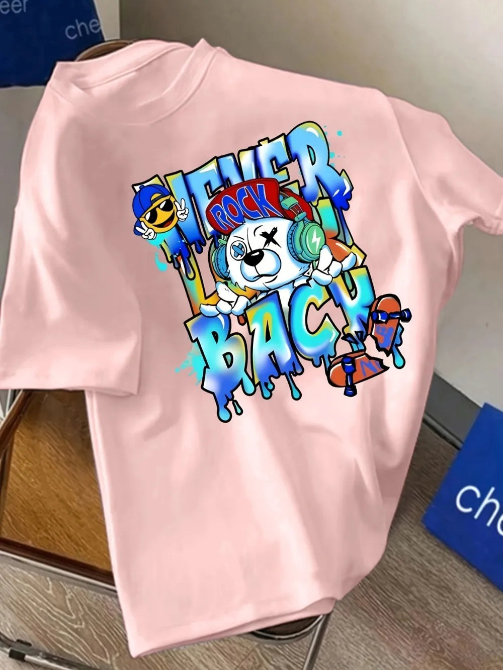 American Men's Summer Music Teddy Bear Graffiti Printed Round Neck T-shirt Comfortable and Breathable Outdoor Street Top