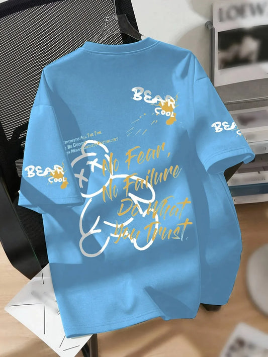 The 2025 summer new men's T-shirt features a casual fashionable sporty breathable and soft 3D bear pattern print