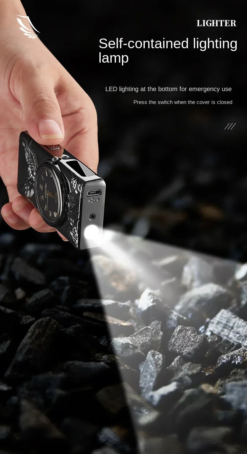 USB Rechargeable Dual Arc Metal Windproof Multifunction Lighter, Eagle Engraved Luminous Dial, LED Lighting Cigarette Lighter
