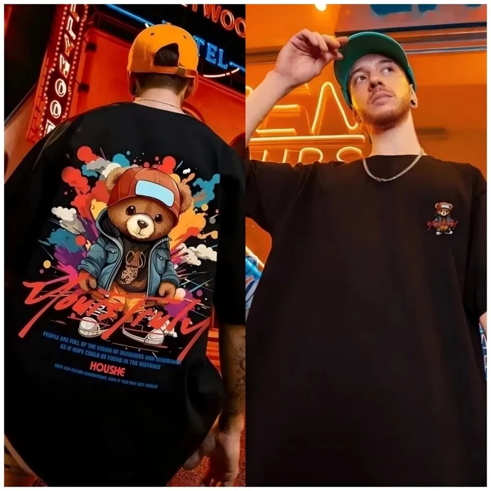European and American men's summer fun teddy bear graffiti print soft and breathable round neck T-shirt outdoor street top