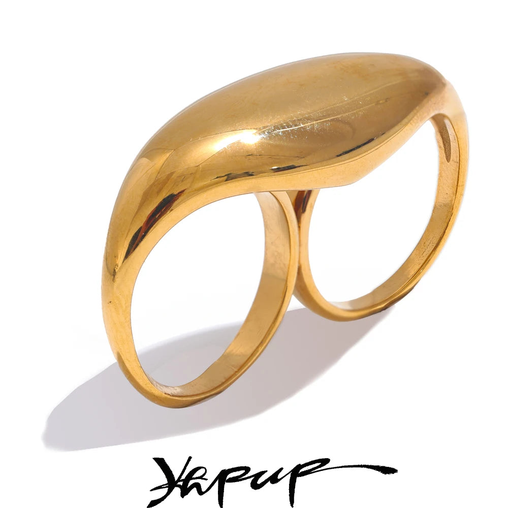 Yhpup Stainless Steel Metal Double Finger Geometric Ring Personality Rust Proof Attractive Big Exaggerated Jewelry Gift