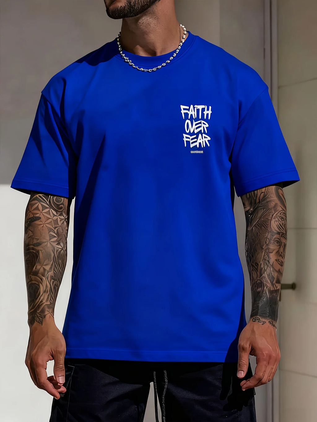 Summer men's 100% pure cotton casual fashionable loose FAITH OVER FEAR letter printed round neck short sleeved T-shirt