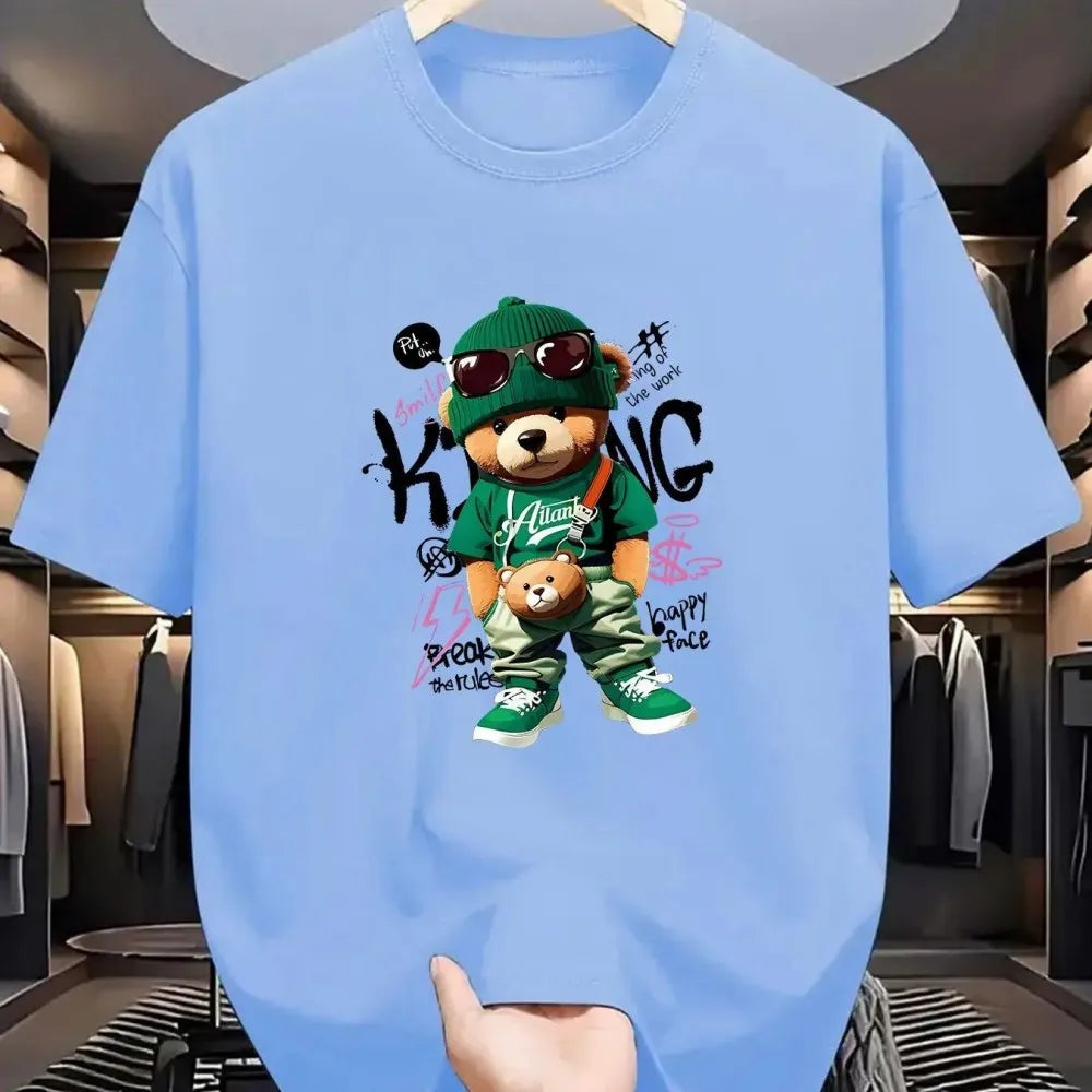 New Men's Summer Fashionable Breathable Round Neck T-shirt Large Geometric Bear Sneaker Pattern Printed Outdoor Casual Top