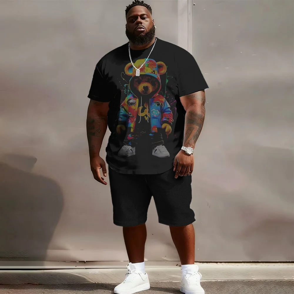 S-9XL Large Size Men's Panda Cartoon Short-sleeved T-shirt + Shorts Two-piece Set