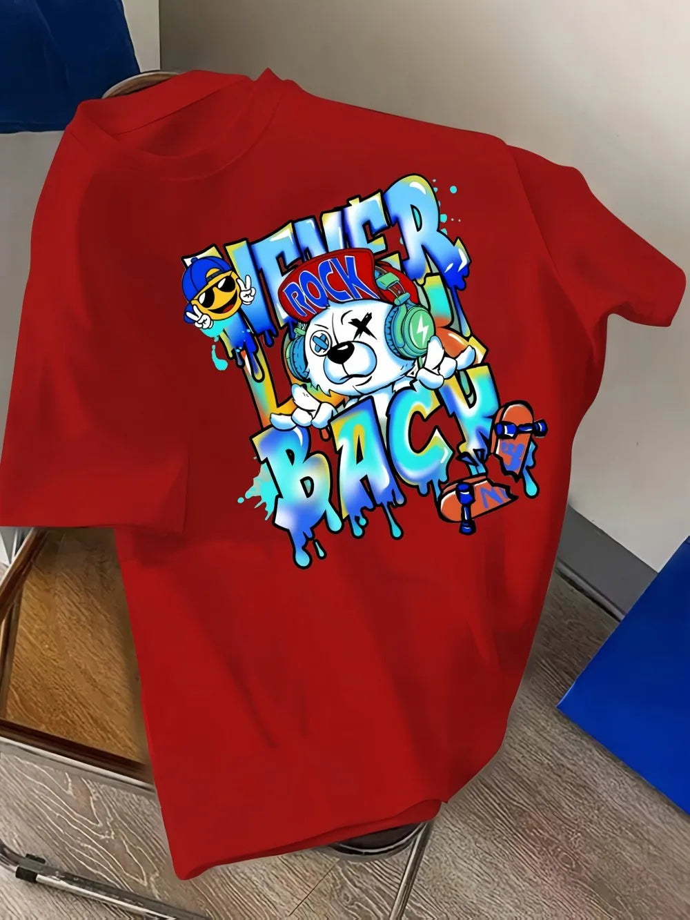 American Men's Summer Music Teddy Bear Graffiti Printed Round Neck T-shirt Comfortable and Breathable Outdoor Street Top