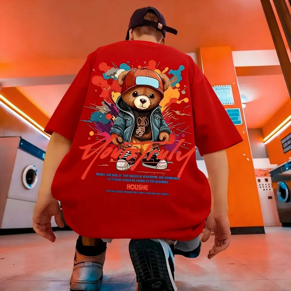 European and American men's summer fun teddy bear graffiti print soft and breathable round neck T-shirt outdoor street top