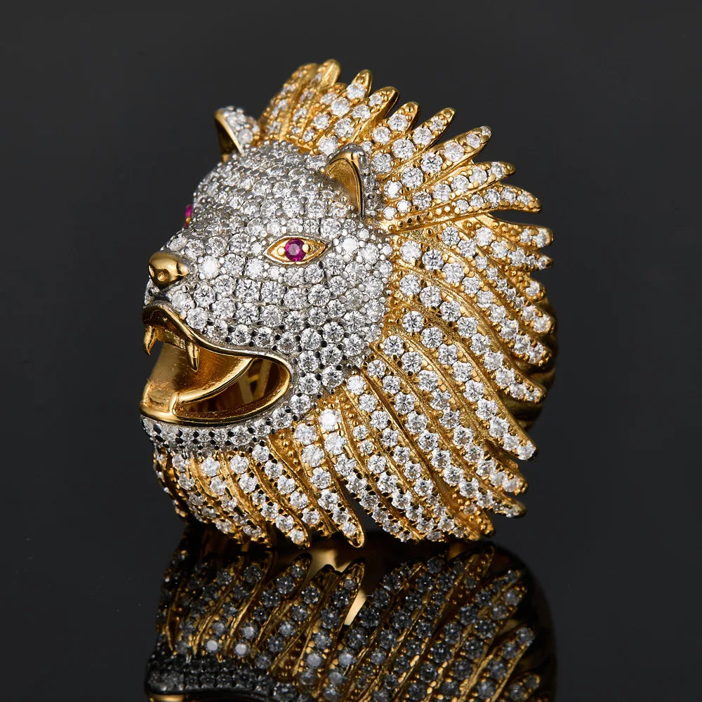 S925 Sterling Silver Gold Plated Lion Head Moissanite Ring, D Color VVS1 Ruby Accent Full Pave Iced Out Hip Hop Jewelry for Men