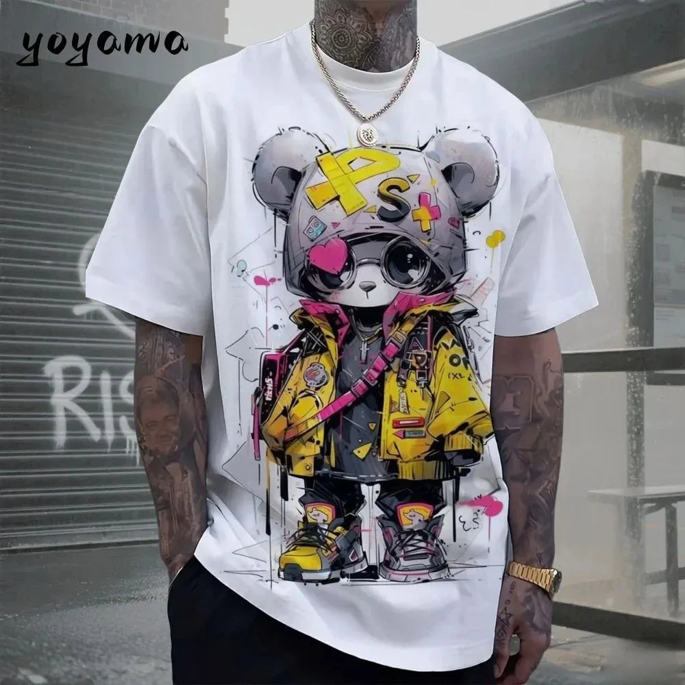 European and American men's summer cool teddy bear print comfortable and breathable round neck T-shirt outdoor street top